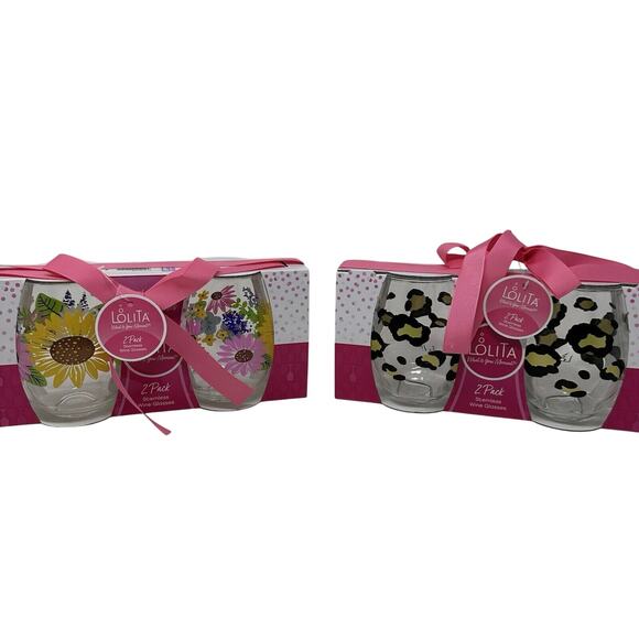 Lolita Acrylic Stemless Wine Glass Two Pack - Cheetah Print & Flowers - Picture 1 of 3